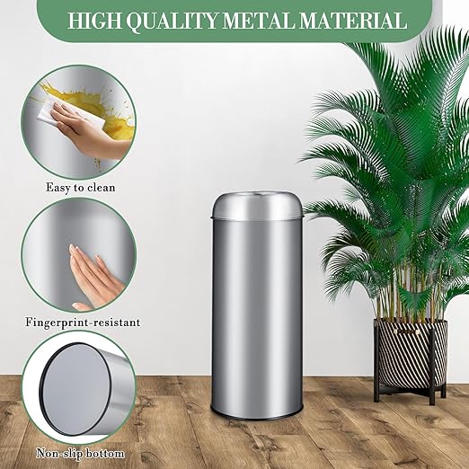 65L/17 Gallon Tall Commercial Trash Can, Large Capacity Outdoor Trash Can with Lid, Round Stainless Steel Open Top Waste Bin, Metal Garbage Bin for Home, Office, Restaurant, Restroom