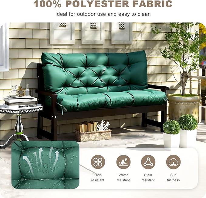 Porch Swing Cushion with Backrest,Waterproof Bench Cushion for Outdoor Furniture,2-3 Seater Replacement Thickened Swing Cushion with Ties,Patio,Outdoor,Backyard and Garden (Dark Green,47x40)