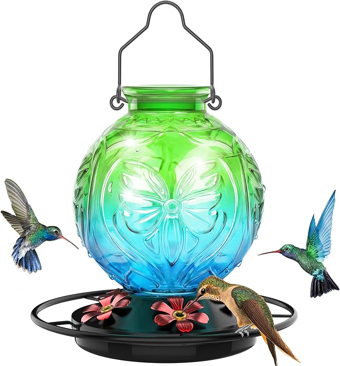 Glass Hummingbird Feeder for Outdoors Hanging, 25Oz Humming Bird Nectar Feeders with Perch & 5 Flower Feeding Ports, Leak Proof for Outside Garden Decor, Gifts for Women (Green & Blue)