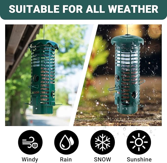 Squirrel Proof Bird Feeder Metal Mesh for Outdoors Hanging Weight Activated Perches,Weatherproof Wild Bird Feeders for Finch, Cardinal Chickadee, Blue Jay 2LB Seed Capacity(Green)
