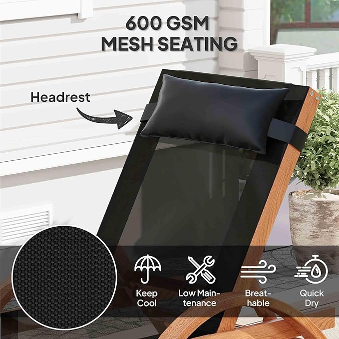 Outsunny Larch Wood Lounge Chair, 4-Level Adjustable Tanning Chair, Full Flat Patio Lounger with Mesh Seat, Outdoor Sun Chaise for Patio Beach, Black