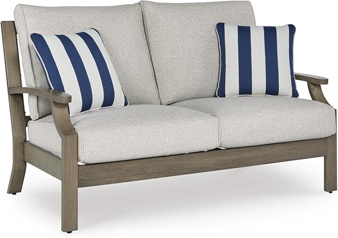 Signature Design by Ashley Rainier Ranch Casual Nuvella Weather Resistant Fabric Outdoor Loveseat with Cushion and 2 Accent Pillows, Light Brown & Light Gray