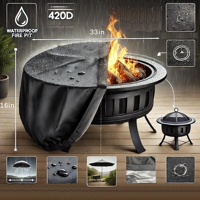 Round Fire Pit Cover for 22-34 Inch Firepit, Heavy Duty Outdoor Patio Fireplace Covers - Waterproof Dustproof Anti UV and Tear Resistant