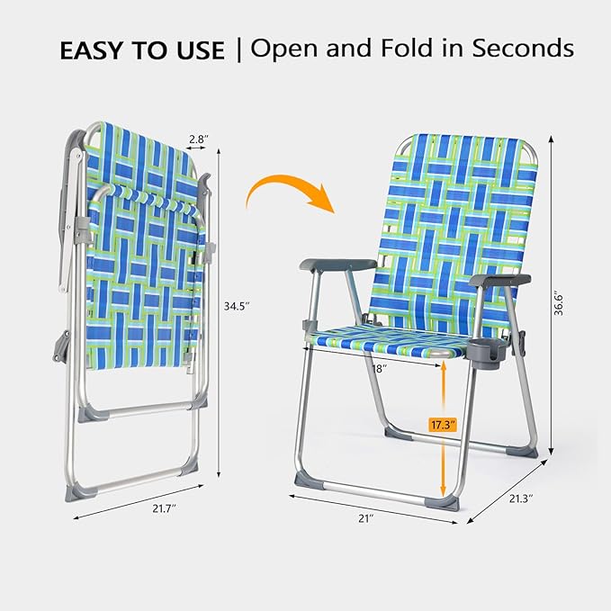 VINGLI Aluminum Patio Lawn Chairs Folding Set of 2 with Detachable Cup Holder, Webbed Beach Chair Folding Chair Outdoor Portable Camping Chair for Yard, Garden Blue alulawnchair
