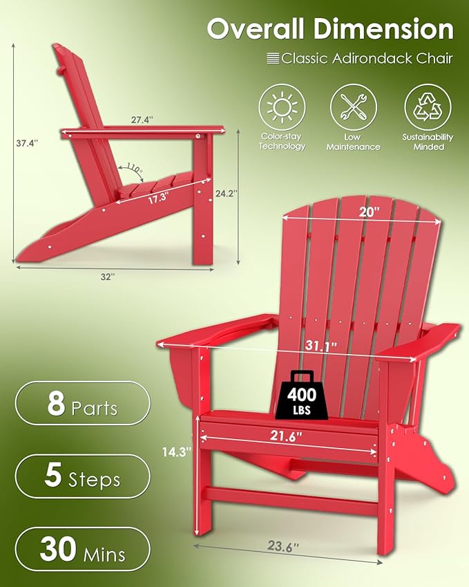 GREENVINES Adirondack Chairs Set of 2 | HDPE Plastic | Oversized Fire Pit Chair | All Weather | Red | Poly Lumber | for Outdoor Deck Backyard Patio Garden
