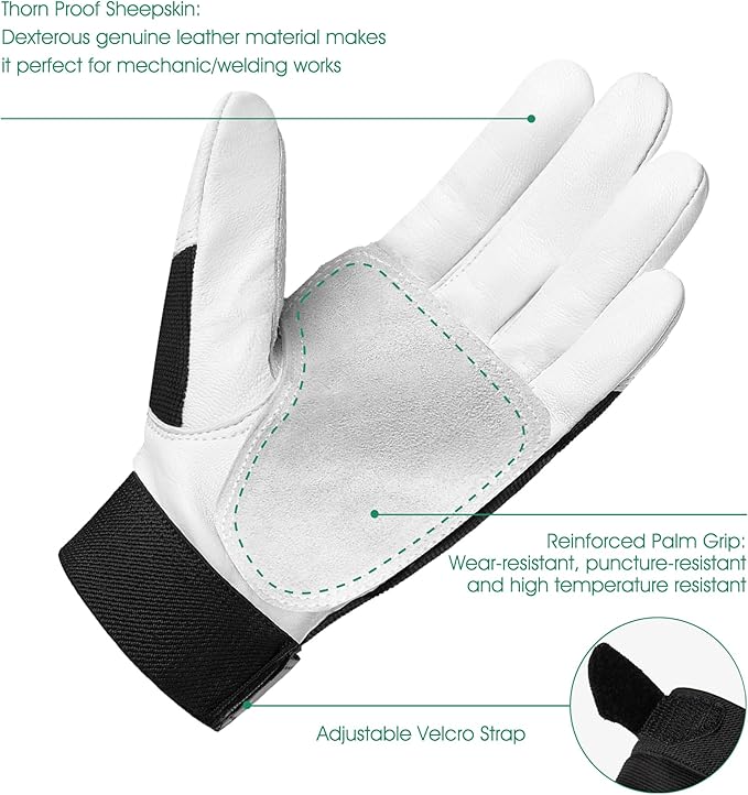 COOLJOB Leather Work Gloves with Grip, Thorn Proof, Heat Puncture Resistant Gloves for Gardening Welding Landscaping, White