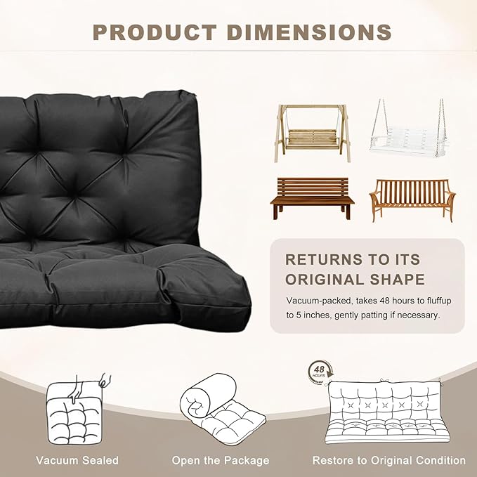 Porch Swing Cushion with Backrest,Waterproof Bench Cushion for Outdoor Furniture,2-3 Seater Replacement Thickened Swing Cushion with Ties,Patio,Outdoor,Backyard and Garden (Black,40x40)