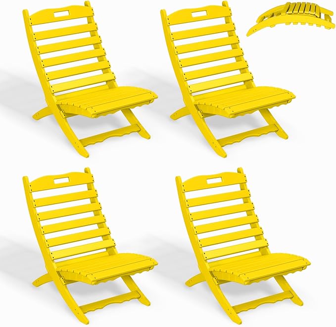 GREENVINES Folding-Xavier-Chairs Set of 4 | Wave | Portable Adirondack-Chair | HDPE Plastic | All Weather Fire-Pit Chair | Yellow | for Beach Outdoor Deck Poolside Garden Patio Porch Fishing