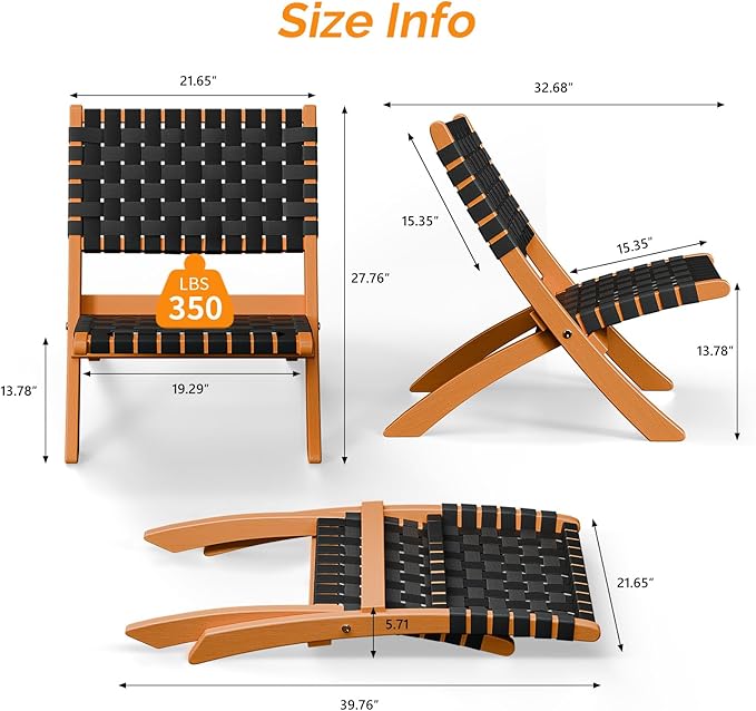 VINGLI Wooden Outdoor Chairs, Portable Rattan Folding Chair with Low Webbing Seat and Backrest, Adirondack Chairs, Ideal for Patio, Lawn, Garden, Fishing, Black, 2 Pack