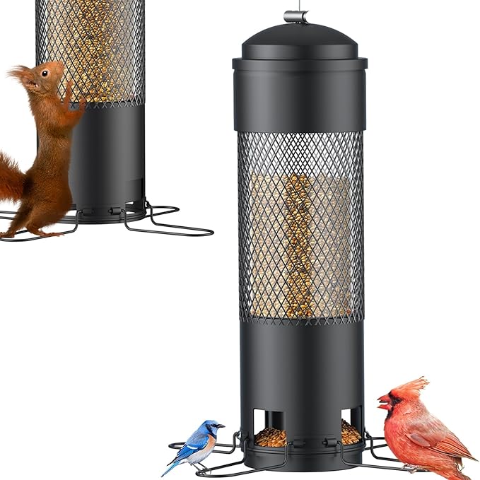 LCSEVEN Bird Feeders for Outdoors Squirrel Proof with Weight-Activated Perches, Hanging Bird Feeder for Outside, Metal Feeder for Wild Cardinal, Finch, Blue Jay, Chickadee, 3LB Seed Capacity, Black