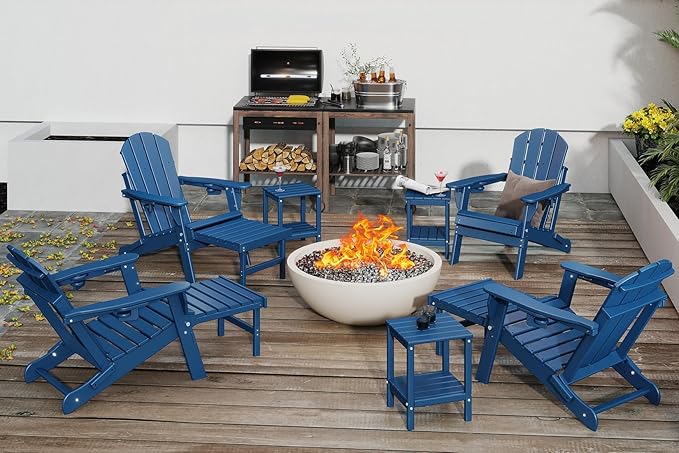 GREENVINES Adjustable Adirondack Chair with Retractable Ottoman Set of 2 | Folding | HDPE Plastic | Fire Pit Chairs w/Foot Rest | 2 Cup Holders | Blue | for Outdoor Patio Poolside Deck