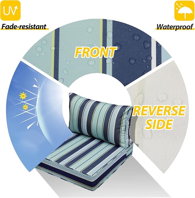 AAAAAcessories Outdoor Seat Cushions for Chairs, Fade-Resistant, Waterproof Patio Furniture Replacement Cushions, 25.5" x 25.5" x 5" + 25.5" x 13.5", Set of 4, Ash Teal Seaside Stripe