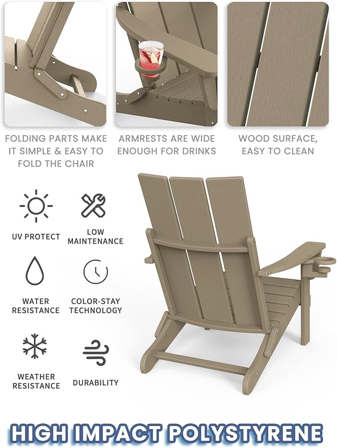 Adirondack Chair with Cup Holder, Folding Outdoor Lawn Chair, HDPE Plastic Fire Pit Chair, Weather Resistant Patio Chairs for Deck, Porch, Backyard, Garden, Weathered Wood