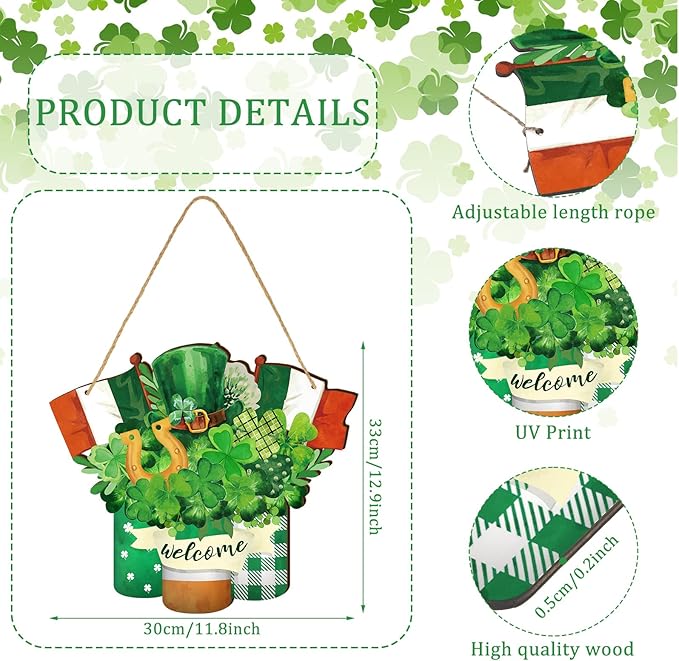Karenhi Wooden St. Patrick's Day Decoration Shamrock Clover Welcome Wooden Door Sign Irish Door Hanger Spring Summer Hanging Decorations Farmhouse Porch Decor for Home Outdoor Housewarming