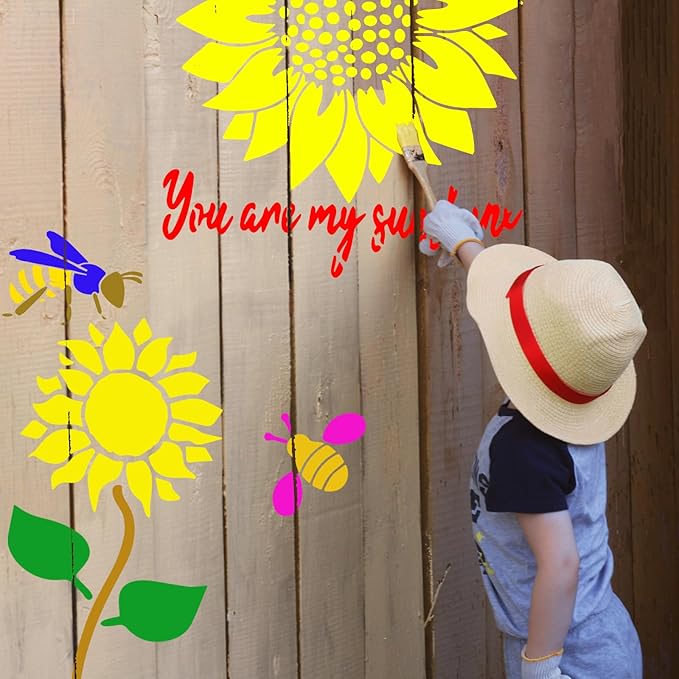 Sunflower Stencils Large Kit 10 Pieces Flower Butterflies Bee Painting Stencil 11 in You are My Sunshine Reusable Plastic Template for Door Wood Wall Canvas Home Decoration