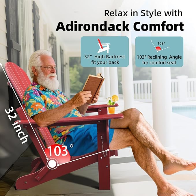 Folding Adirondack Chairs Set of 2, HDPE Fire Pit Chairs Weather Resistant, Outdoor Adirondack Chair with Cup Holder and Umbrella Hole, Wood Texture, Dark Red
