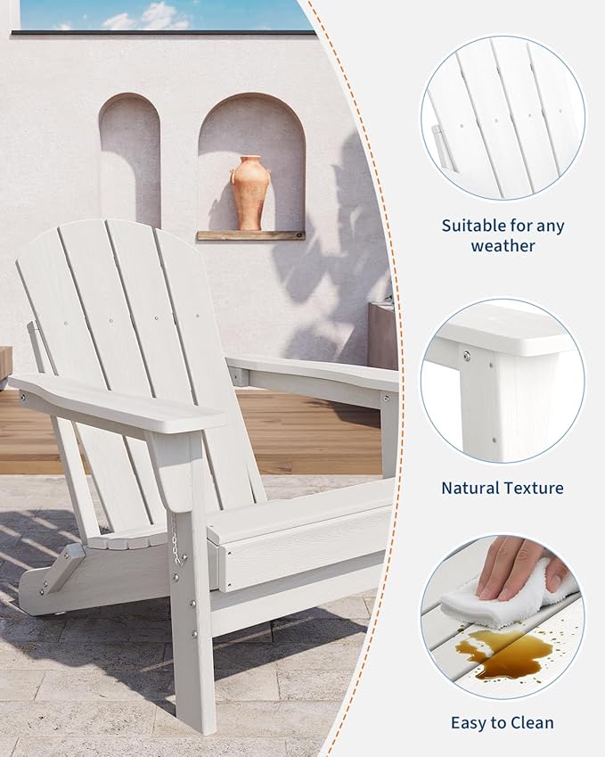 GarveeLife Folding Adirondack Chairs, HDPE Outdoor Patio Chairs All Weather Resistant with Wood Texture for Fire Pit, Deck, Patio, Pool, Backyard - White