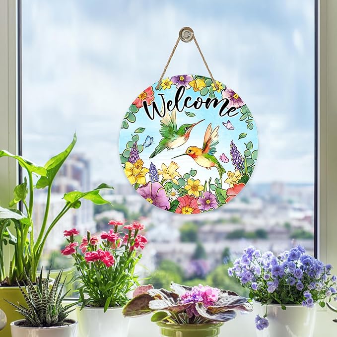 Welcome Spring Summer Hummingbird Front Door Sign, Daffodil Morning Glory Flower Wood Door Hanger Outdoor Outside Porch Decor, Hyacinth Floral Wooden Wreath Indoor Wall Hanging Decoration