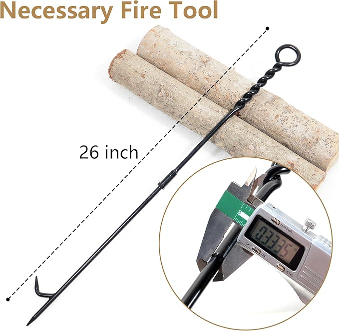Fire Poker for Fire Pit Outdoor, 26inch Twisted Rope Design Camping Fireplace Poker, Removable and Portable Fire Pit Accessories, Heavy Duty Solid Steel Fireplace Tool Rust-Resistant Black Finish