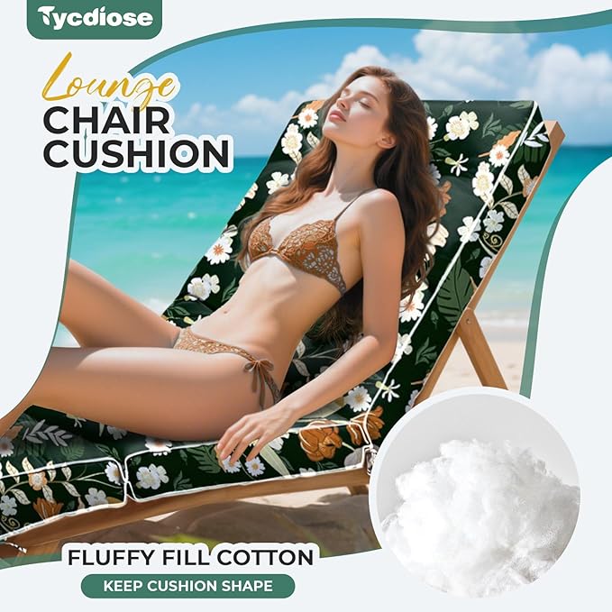 Outdoor Chaise Lounge Chair Cushion, Waterproof Non-Slip Patio Chaise Lounge Cushions for Outdoor Furniture, Thickened Patio Pool Lounge Chair Cushion, 76.4 x 22.8 x 4.7 Inches, Green Floral
