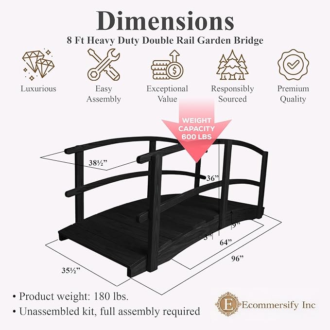 8 FT Black Amish Made Garden Bridge with Double Rails for Walkway, Backyard Pond & Landscaping, Outdoor Wooden Footbridge for Koi Pond, Japanese Style Decorative Bridge, Made in USA