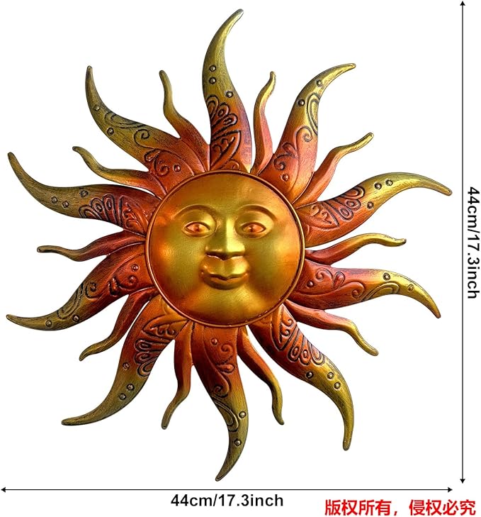 Metal Sun Wall Art Decor-17.3 inches Rustic Retro Metal Sun Hanging Decoration for Indoor Outdoor,Gift for Mom Dad Friends(Gold)