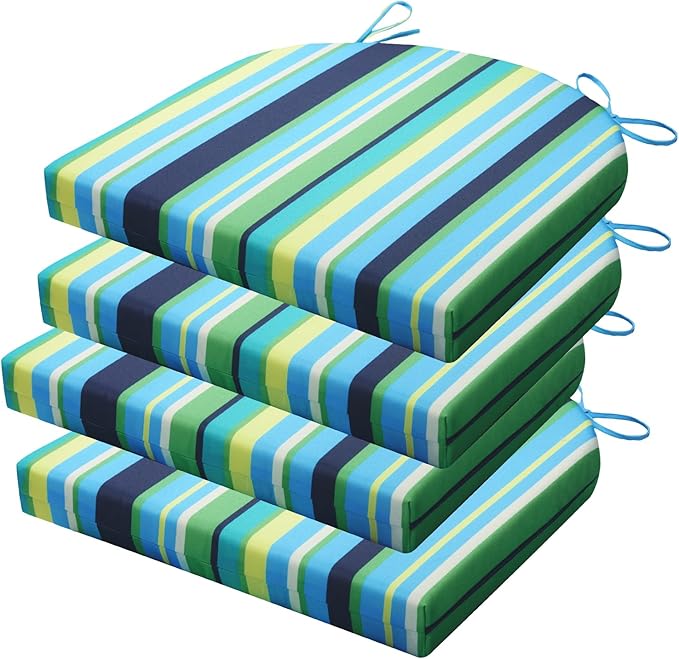 Outdoor Chair Cushions Set of 4, 17x16x3 Inch Patio Chair Cushions, Water Resistant, Non-Slip Ties (Blue & Green Pinstripe)