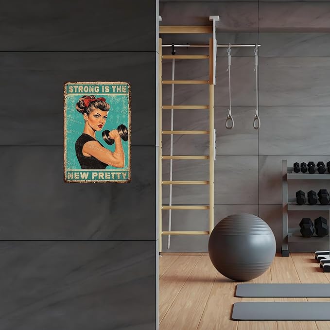 Gym Decor Strong Is The New Pretty Metal Tin Sign Vintage Fitness Motivational Wall Art for Home Gym Workout Room 8x12 Inch