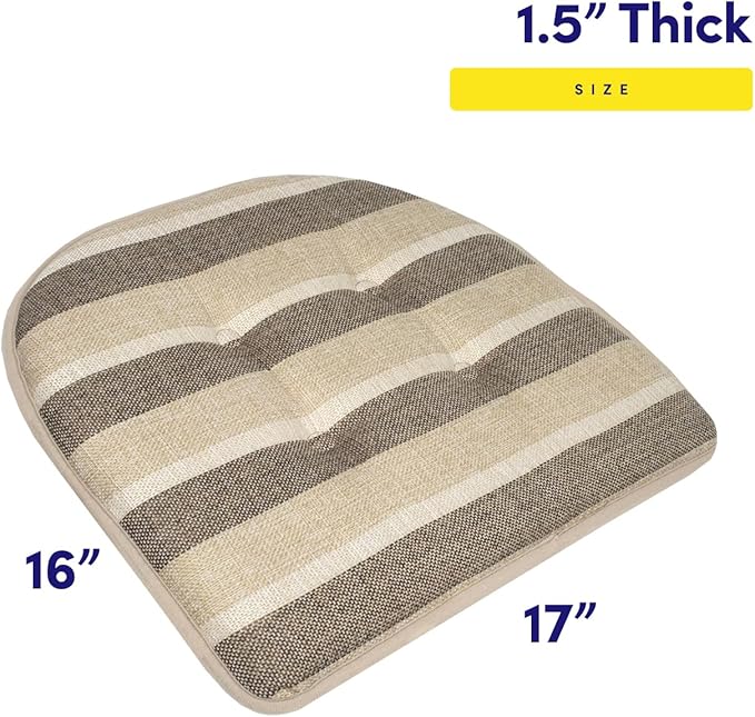 Sweet Home Collection Chair Cushion Memory Foam Pads Tufted Slip Non Skid Rubber Back U-Shaped 17" x 16" Seat Cover, 6 Count (Pack of 1), Bradford Beige/Brown