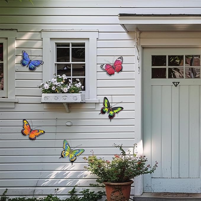 EOORAU Metal Butterfly Wall Outdoor Decor - 5 Pcs 3D Lifelike Metal Butterflies Wall Art Sculpture Hanging Decorations for Outside Fence Yard Patio Garden