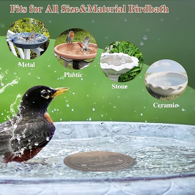 2Pcs Bird Bath Purification Disk, 99% Pure Copper 0.6mm Thickness Birdbath Copper Disk with Triple-Point Support for Clean Water, Year-Round-Use, 4 in Disk for All Outdoor Birdbath&Bowls
