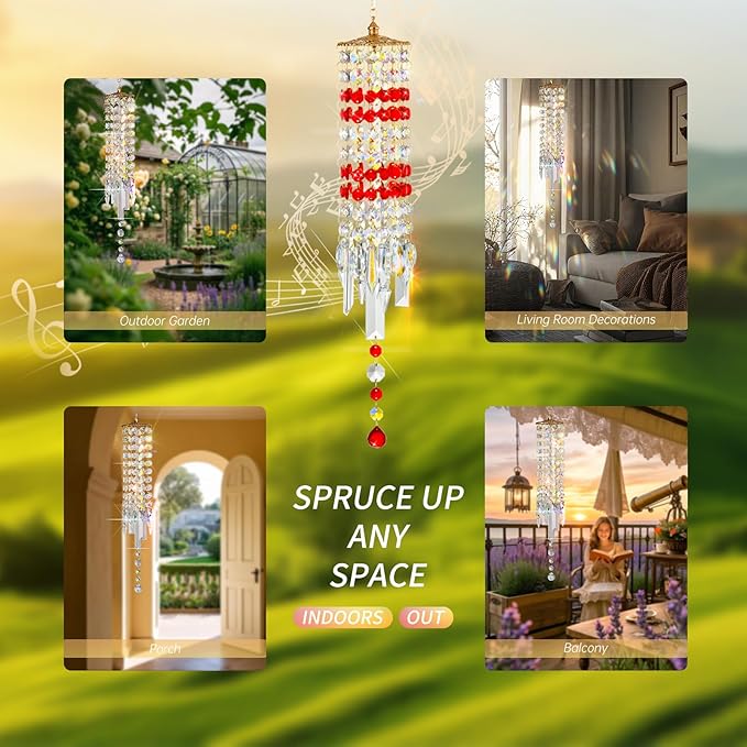 Crystal Wind Chimes for Outside with Rainbow Light Reflections Glass Bells and Rose Gold Alloy Hooks Indoor Outdoor Decor for Home Garden Patio Porch Birthday House Warming (Red)
