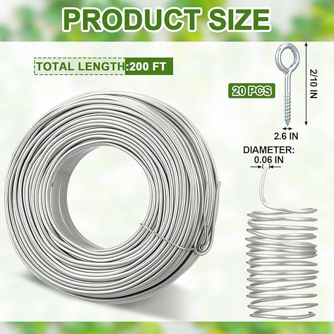 Blulu 200 ft Wire Trellis Kit 16 Gauge Galvanized Coated Steel Garden Wire Trellis with 20 Vine Eye Screws for Outdoor Wall Fence Grape Climbing Plants