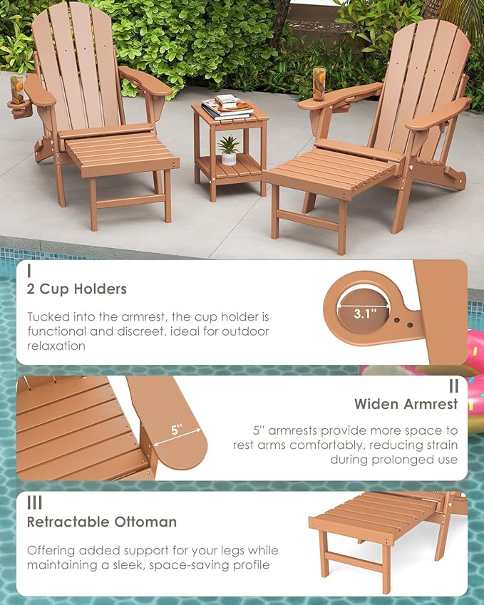 GREENVINES Adjustable Adirondack Chair with Retractable Ottoman Set of 4 | Folding | HDPE Plastic | Fire Pit Chairs w/Foot Rest | 2 Cup Holders | Teak | for Outdoor Patio Poolside Deck