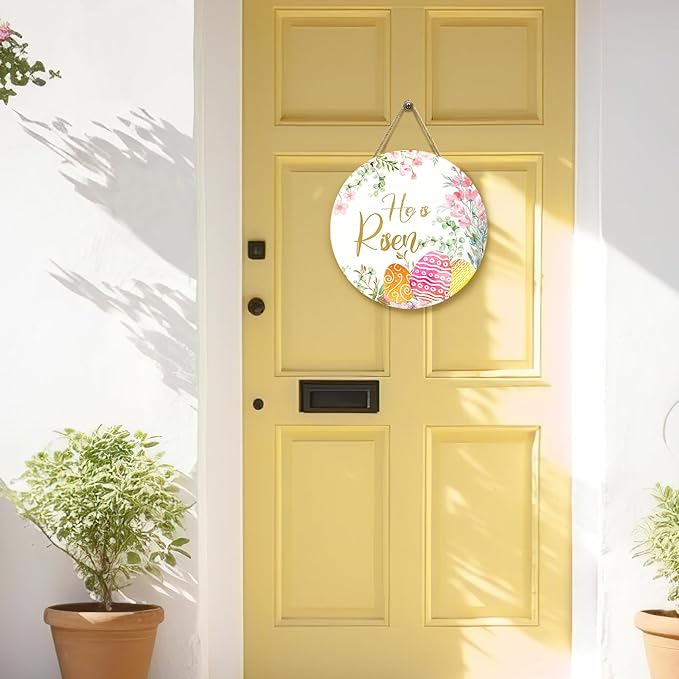 He is Risen Door Hanger Easter Religious Porch Sign Spring Floral and Eggs Door Sign for Front Door Holiday Hanging Decoration for Home Wall Outdoor