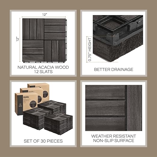 Deck Tiles, Patio Flooring - Outdoor Waterproof Acacia Wood Tiles for All Weather Use - Balcony, Backyard, Indoor & Outdoor (Black Crossed Pattern, 30 Pcs - 30 Square Ft)