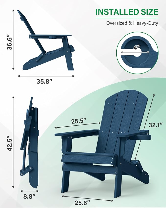 YEFU Adirondack Chair, Oversized Plastic Adirondack Chair Folding Outdoor Chairs with Cup Holder, Lawn Chair with Weather Resistant for Outside Deck Lawn Garden, Weight Capacity Up to 400 Lbs –Navy