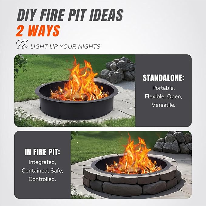 INNOSTAGE 36 Inch Fire Pit Ring (40 Inch Outer), Heavy Duty Steel Fire Ring for Outside, Large Round Fire Pit Insert, DIY Camping Fire Ring, Above or In-Ground, Black Carbon for Backyard Patio Bonfire