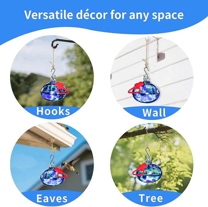 Small Hummingbird Feeders for Outdoors Hanging,Hand-Blown Glass Hummingbird Feeder with Silicone Feeding Perch,Never Leak,Gardening Gifts for Woman Man