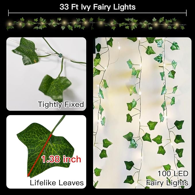 suddus Vine with Fairy Lights Battery Operated, 33ft 100 LED Ivy String Lights with Remote, Leaf Lights for Bedroom, Room, Wall, Garden, Party, Wedding Dorm Decor (Warm White)
