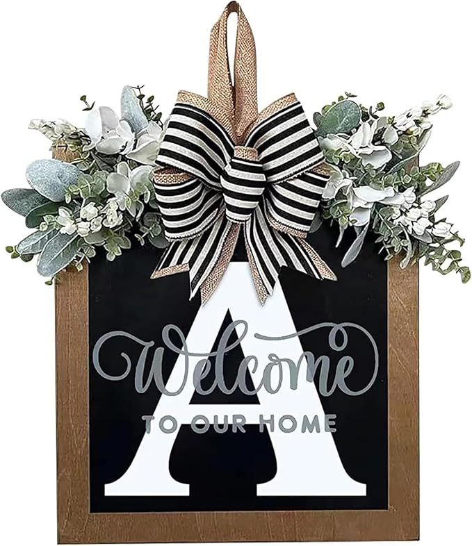Last Name Front Porch Decor, Welcome Sign Door Wreath, Outdoor Decorations, 26 Letter Hanging Monogram Wreath for All Seasons (A)
