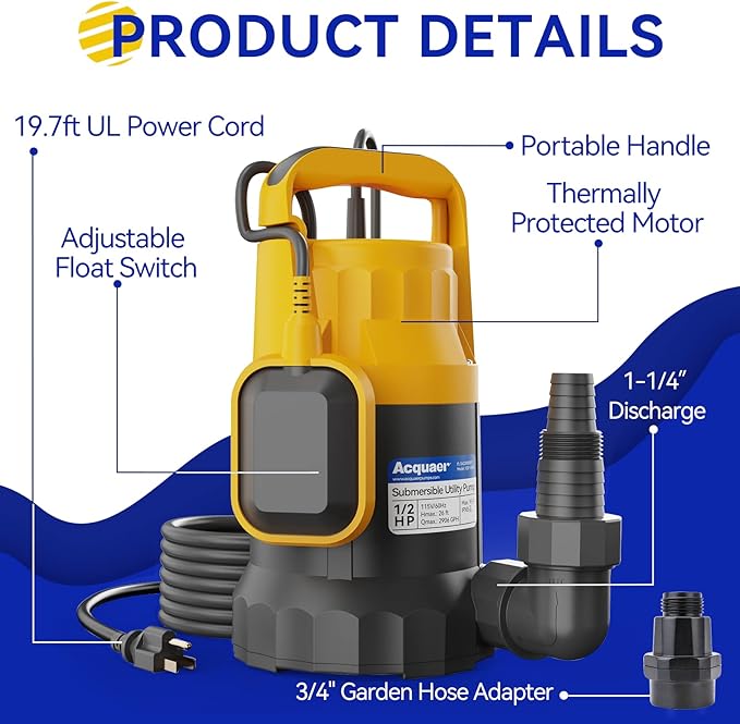 Acquaer Sump Pump Submersible Water Pump for Water Removal in Hot Tubs, Pools, Basements, and Garden Ponds, 1/2HP 2906GPH Float Switch