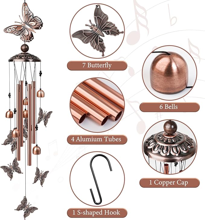 Butterfly Wind Chimes for Outside, Decorative Wind Chimes with 4 Aluminum Tubes Hanging Bells, Memorial Windchimes Outdoors with S Hook for Patio Garden Decor, Birthday Gifts for Mom Grandma