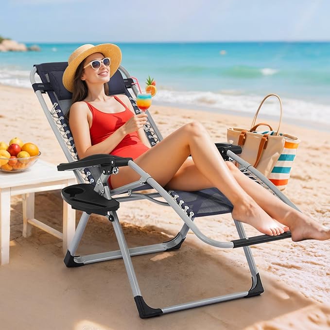 Magshion Zero Gravity Chair with Cushion, Reclining Outdoor Patio Lounge Chair, Folding Indoor Anti Gravity Recliner, Portable Lounger with Removable Cup Holder Side Tray and Pillow Headrest (Blue)