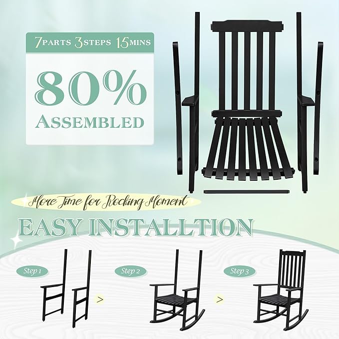 Flamaker Outdoor Rocking Chair Oversized Wooden Patio Chairs with Widened Armrest High Back Porch Rocker for Lawn, Garden, Backyard, Fire Pit (Black)