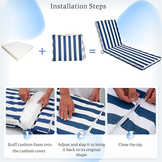 Chaise Lounge Cushions Outdoor Set of 2, 71"x22"x3" Patio Lounge Chair Furniture Cushions with Washable Covers for Pool, Patio, Lawn (Blue+White Stripes, 2 Pcs)