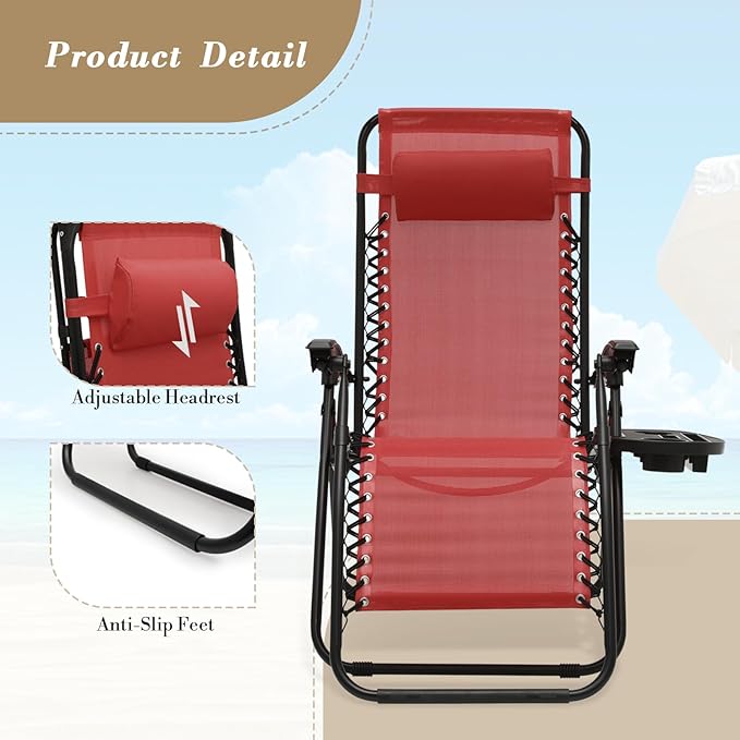 Athena Collection Zero Gravity Chair, Outdoor Lounge Chair with Adjustable Pillow and Cup Holder, Reclining Camping Chair for Outside Beach Lawn Garden Patio Poolside Set of 2- Maroon