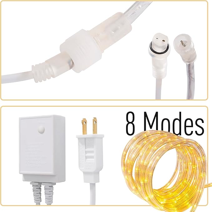 Waterproof LED Rope Lights, Connectable & Flexible with 8 Modes, Outdoor Lighting for Deck, Garden, Pool, Patio & Christmas Decor (Warm White, 20ft)