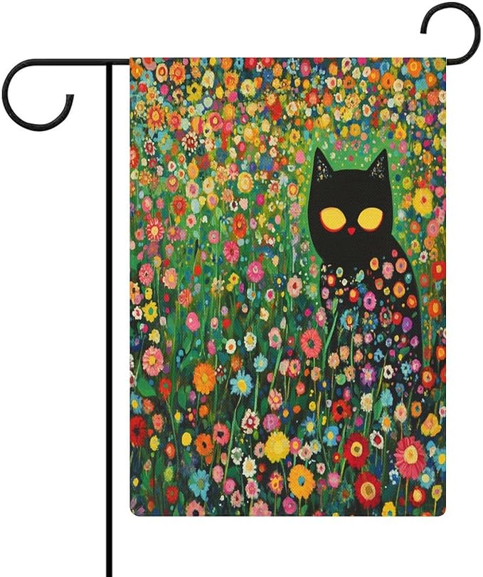 Black Cat Garden Flag Double Sided Outside 12x18 Inch Cute Black Cat in The Flower Garden Welcome Farmhouse Outdoor Flags Yard Flag Seasonal Holiday Decoration Courtyard