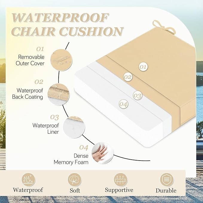 Waterproof Outdoor Chair Cushions Set of 2, Square Outdoor Seat Cushions with Ties and Removable Covers, 22 x 22 Outdoor Cushions for Patio Furniture with Portable Handle(Beige)